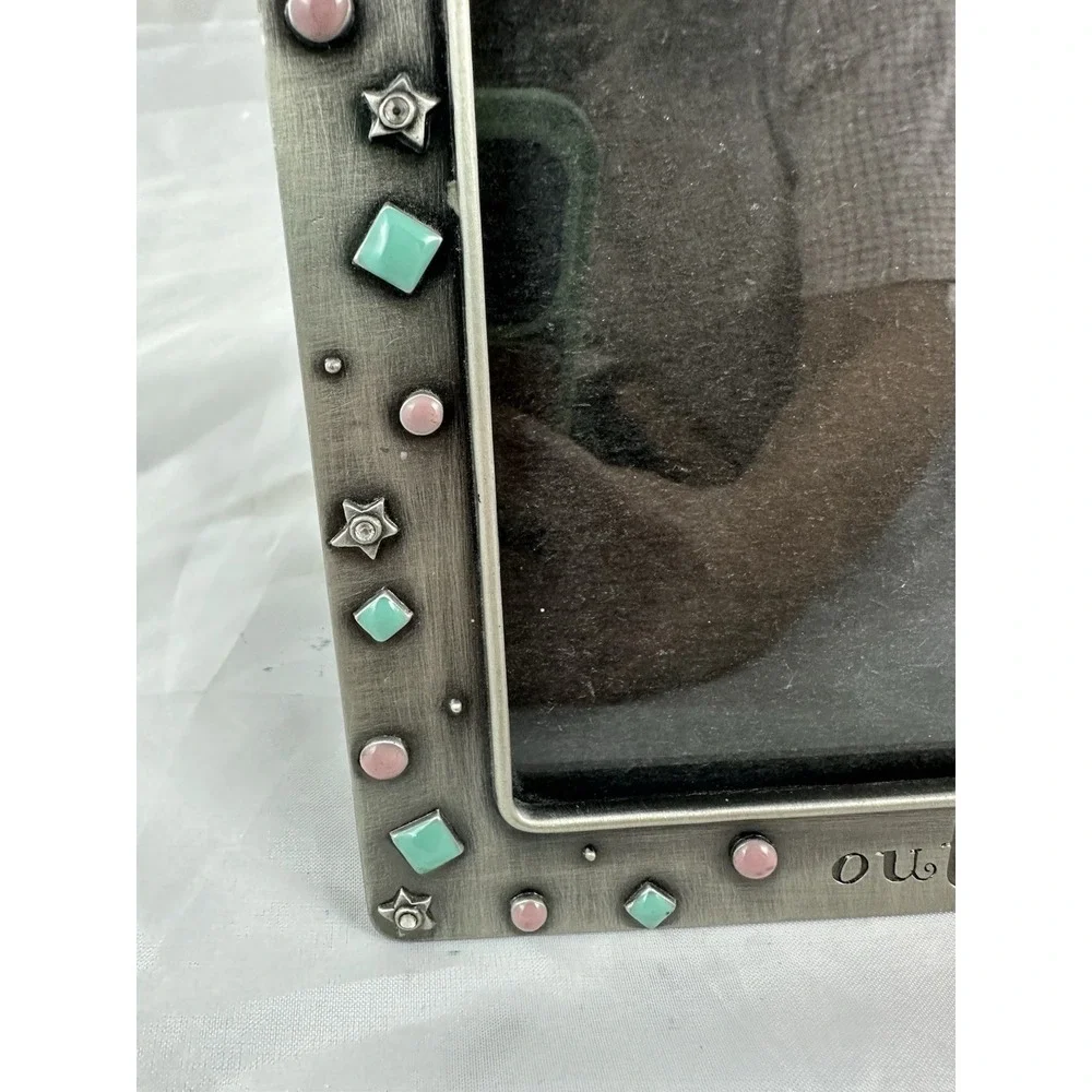 Fetco Picture Frame 4X6 Silver Laugh Out Loud Metal Heart Star Pink Blue Jeweled
